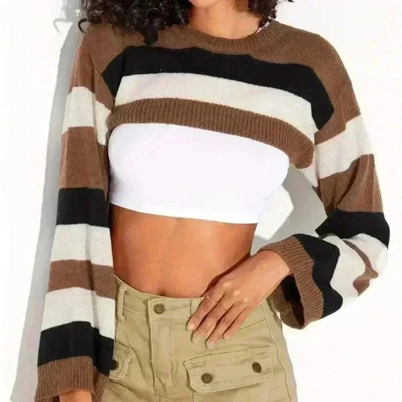 Long-Sleeve Sweater Sweaters for Women Trendy Stripe Pattern Super‎ Crop Sweater - Picture 1 of 8